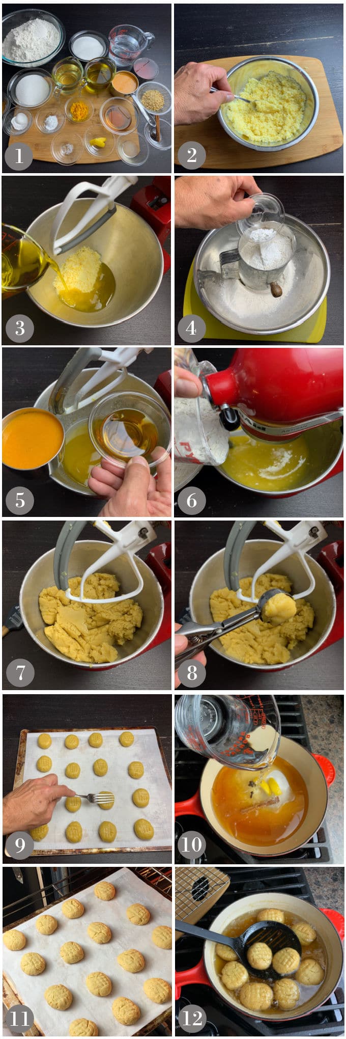 A collage of photos showing the ingredients and steps to make Greek melomakarona cookies.
