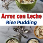A photo of arroz con leche with a text overlay title.