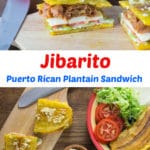 A collage of two photos showing a jibarito sandwich.