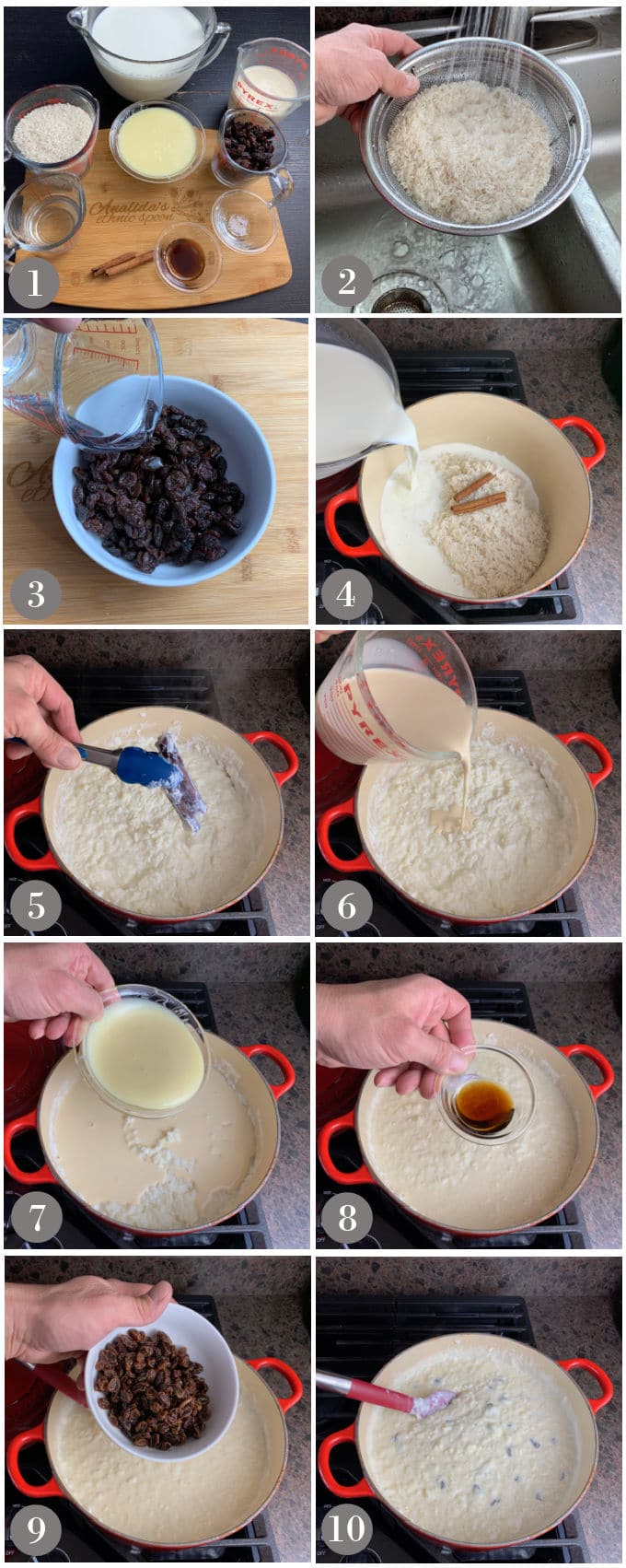 A collage of photos showing the steps to make arroz con leche or Latin style rice pudding on a stove in a red Dutch oven.