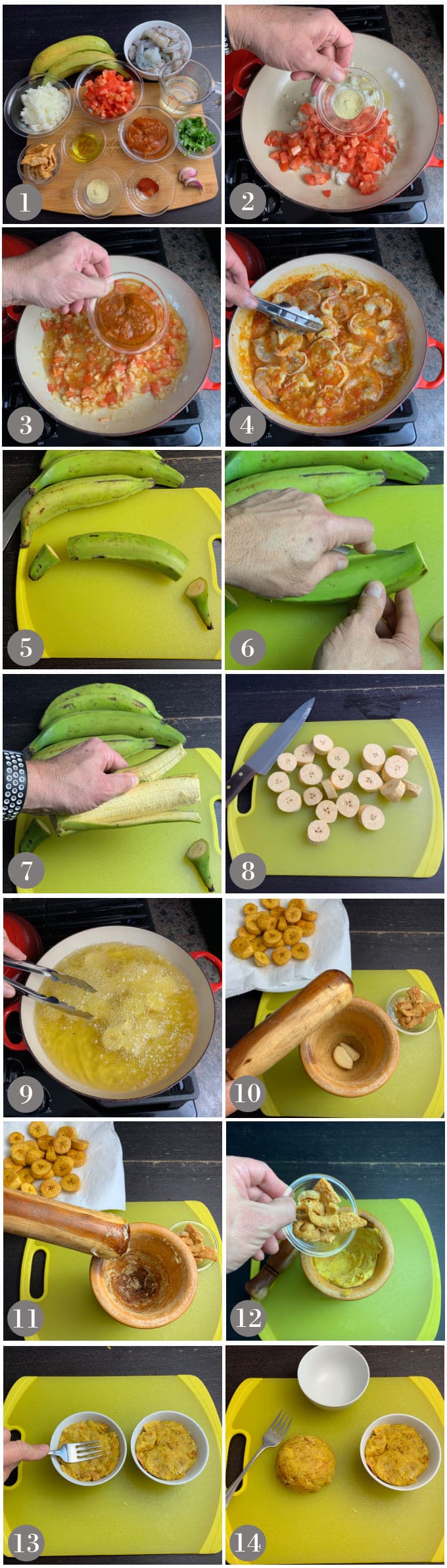 A collage of photos showing the steps to make shrimp in a sauce and fry plantains to make mofongo.