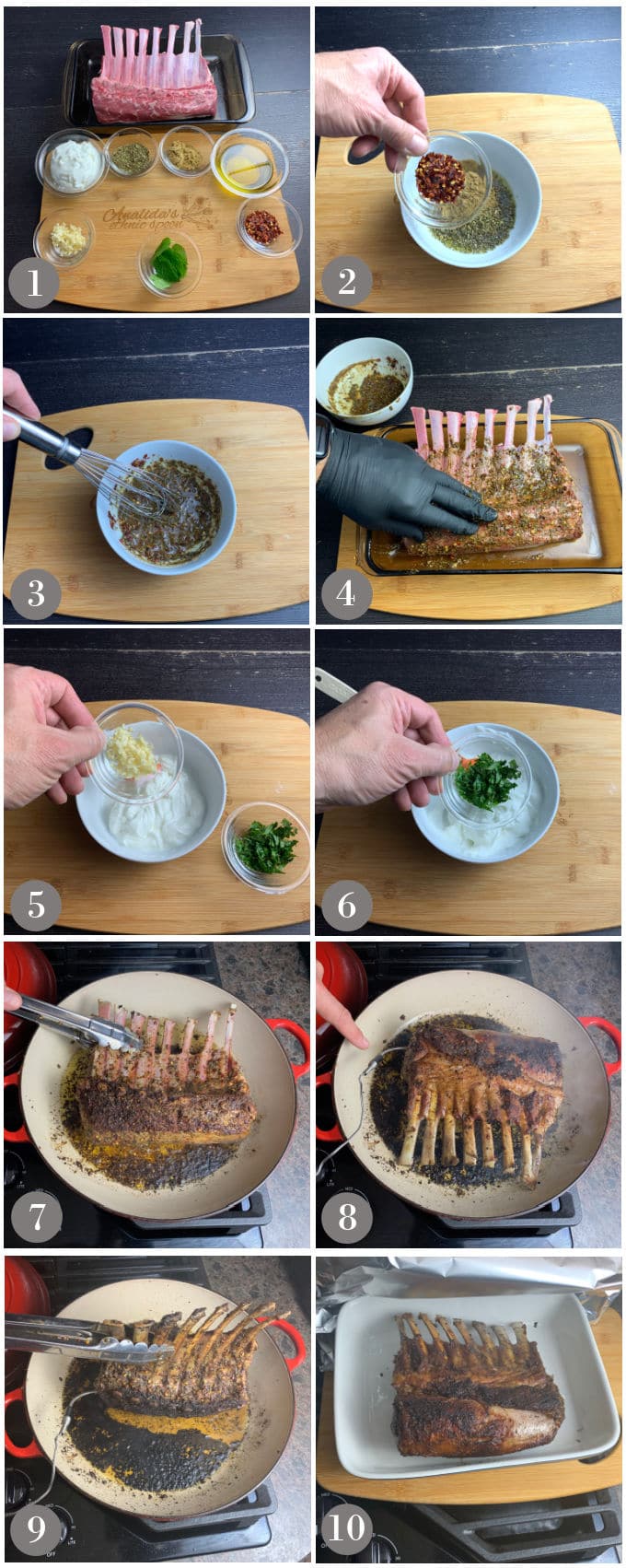 A collage of photos showing the steps to make Turkish style rack of lamb on a stove in a pan.