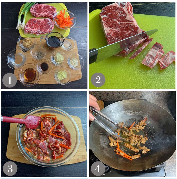 A collage of photos showing the ingredients and steps to make bulgogi beef.
