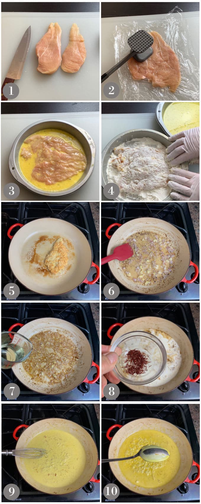 A series of photos showing the steps to make a lightly breaded chicken in creamy saffron sauce.