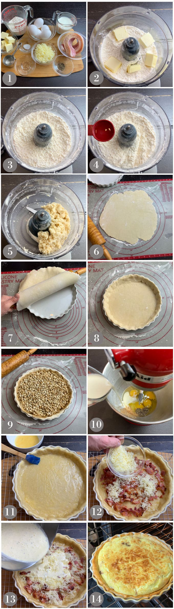 A collage of 14 photos showing the ingredient, making crust and filling for quiche lorraine.