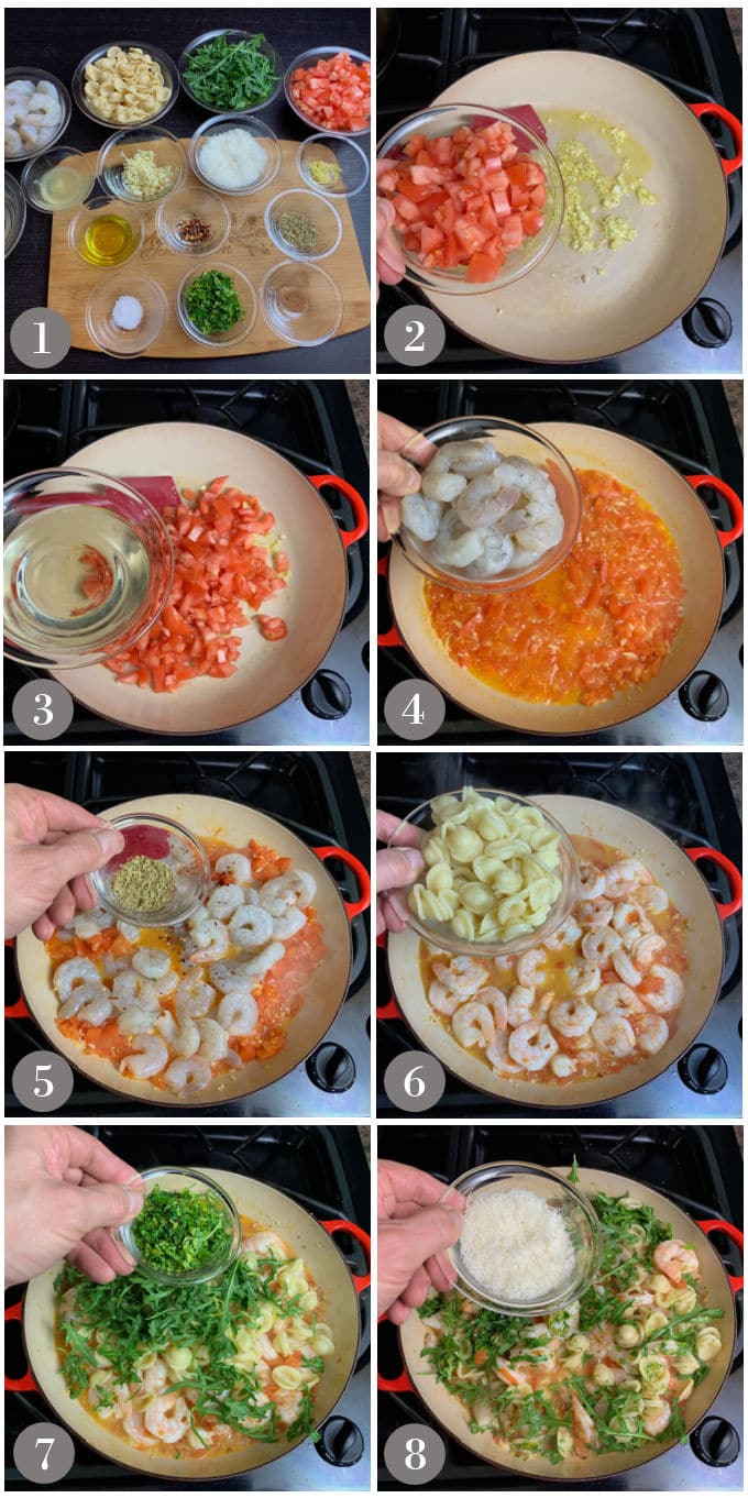 A collage of photos showing the ingredients and steps to make orecchiette with shrimp, fennel and arugula on a stove in a pan.