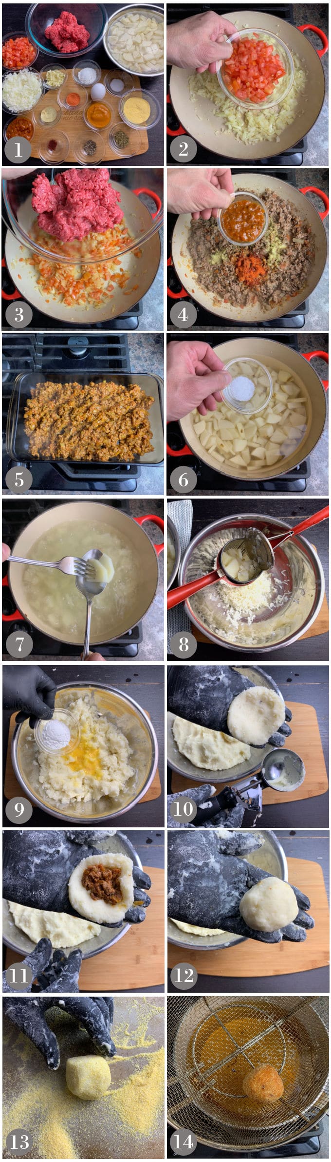A collage of photos showing the steps to make papas rellenas dough, filling then fill and fry them.
