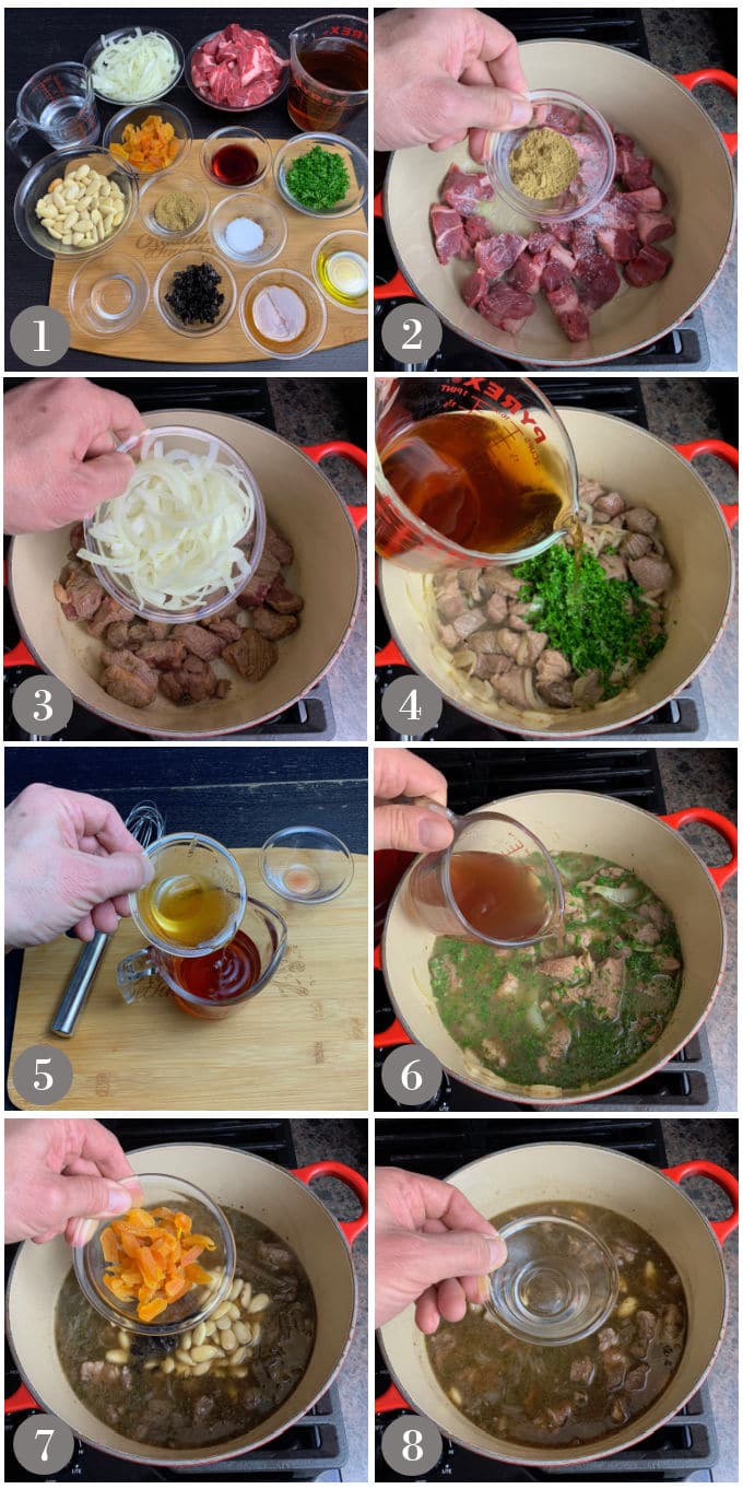 A collage of photos showing the ingredients and steps to make a Turkish style lamb stew in a large pot in a stove.