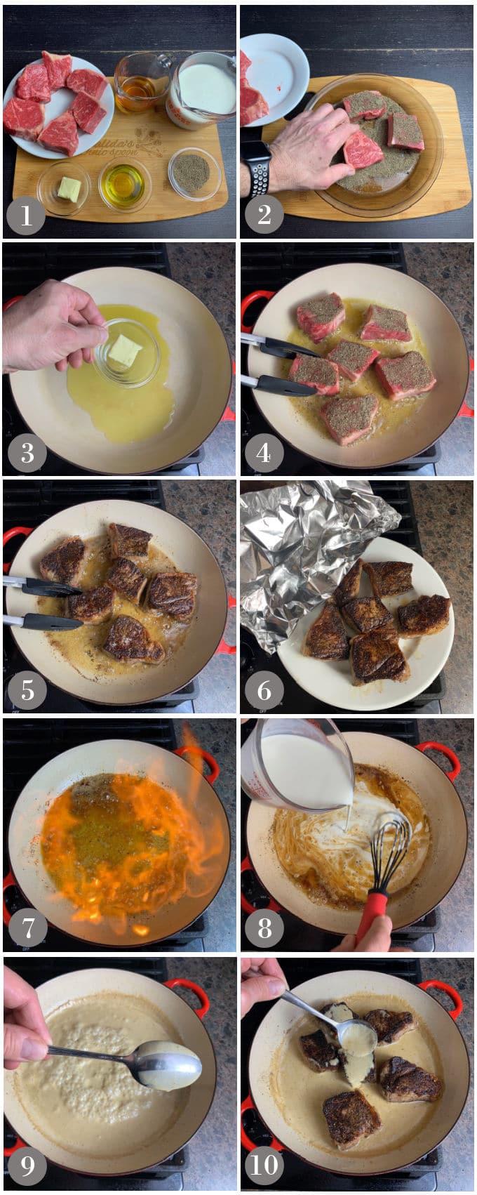 A collage of photos showing the steps and ingredients to make steak au poivre in pan on the stove.