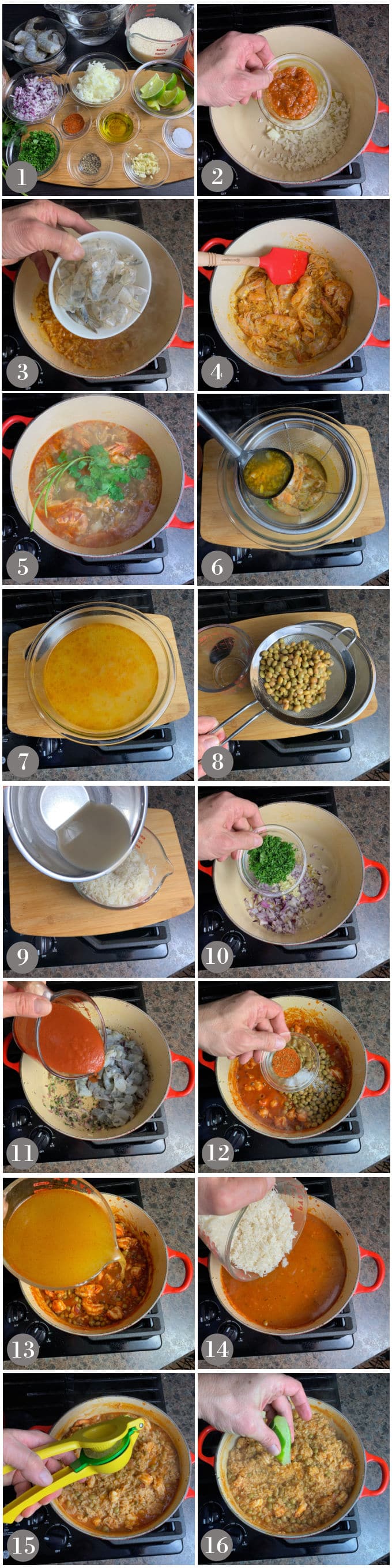 A collage of photos showing the steps to make shrimp asopao.