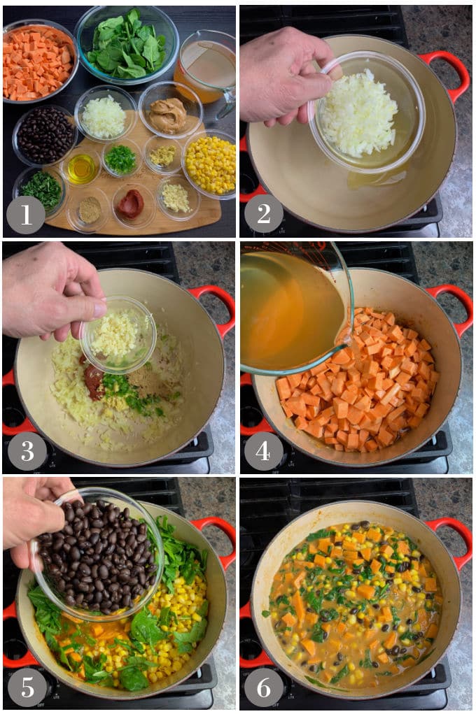 A collage of photos showing the ingredients and steps to make West African peanut stew on a stove in a Dutch oven.