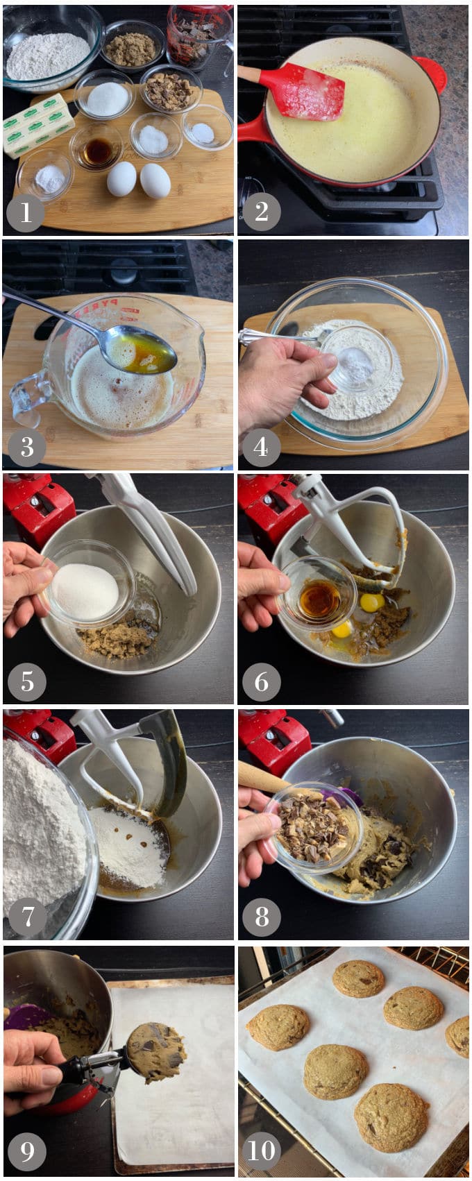A collage of photos showing the steps to make English toffee brown butter chocolate chip cookies.