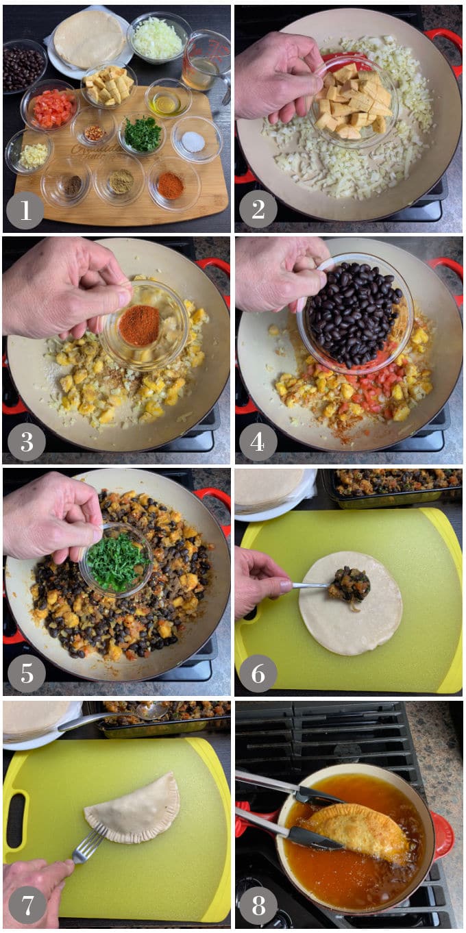 A collage of photos showing the ingredients and steps to make black bean plantain empanadas.