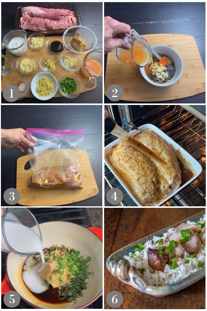 A collage of photos showing the steps to make Thai pork loin with peanut sauce.