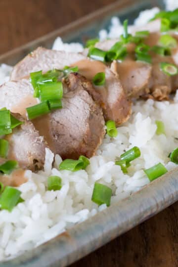 A photo of Thai pork loin slices with rice, peanut sauce and chopped onions.