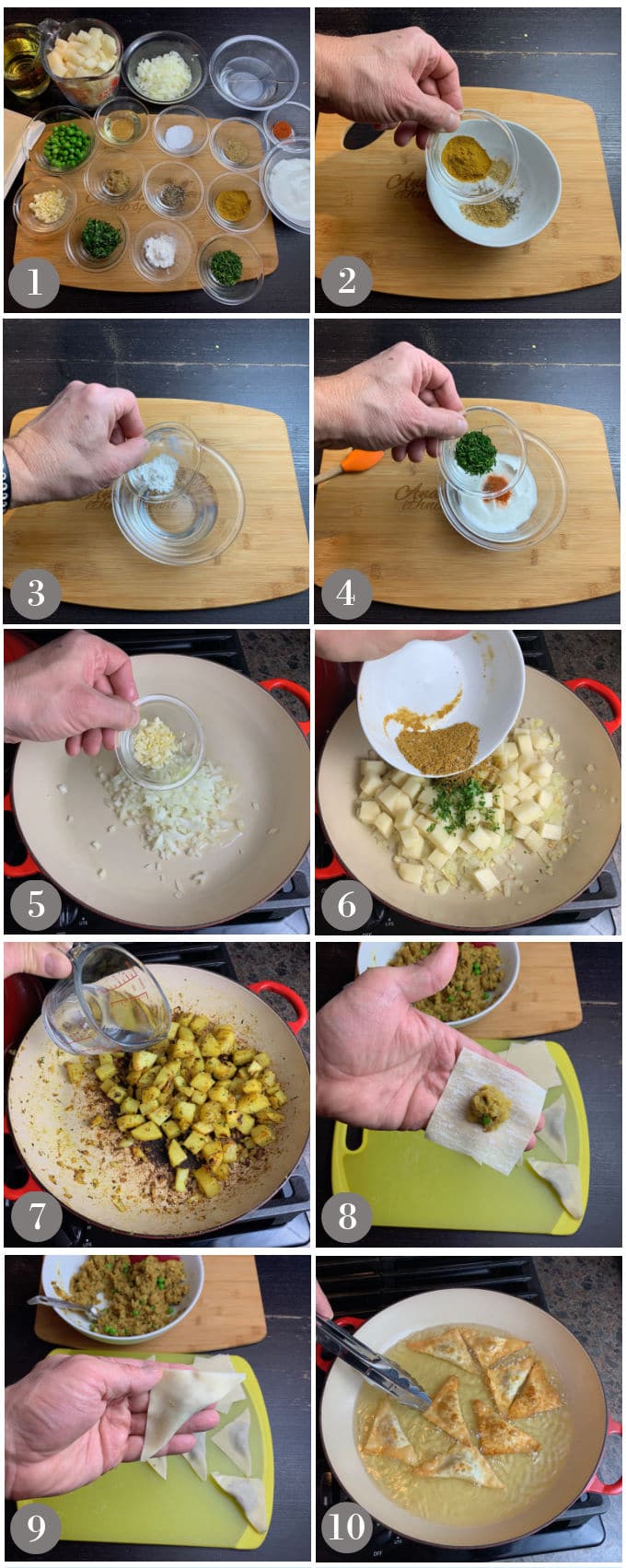 A collage of photos showing the steps to make vegetarian samosas with wonton wrappers.