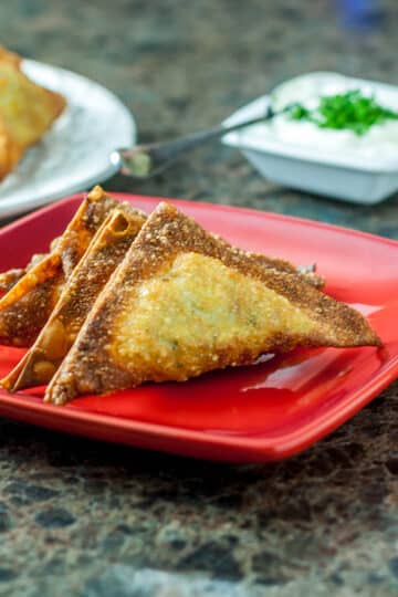 A photo of samosas on a red plate.