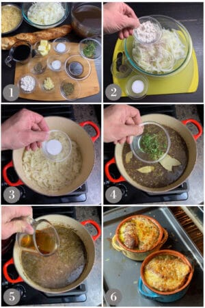 A collage of photos showing the steps to make French onion soup in a pot in a stove.