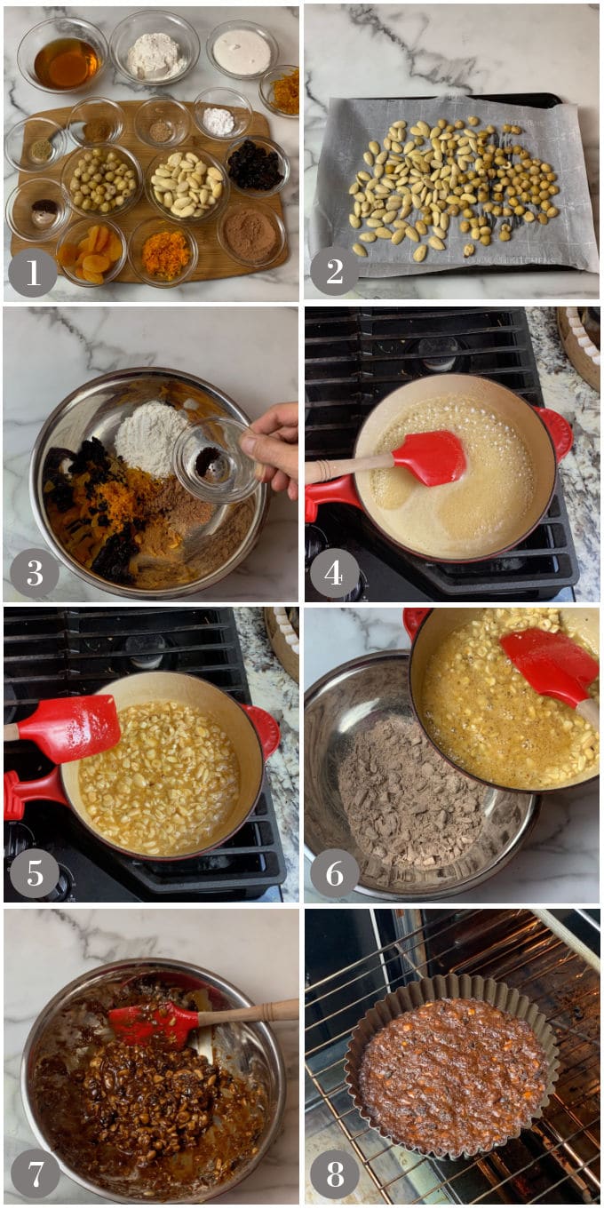A collage of photos showing the steps to make Italian panforte Christmas cake.