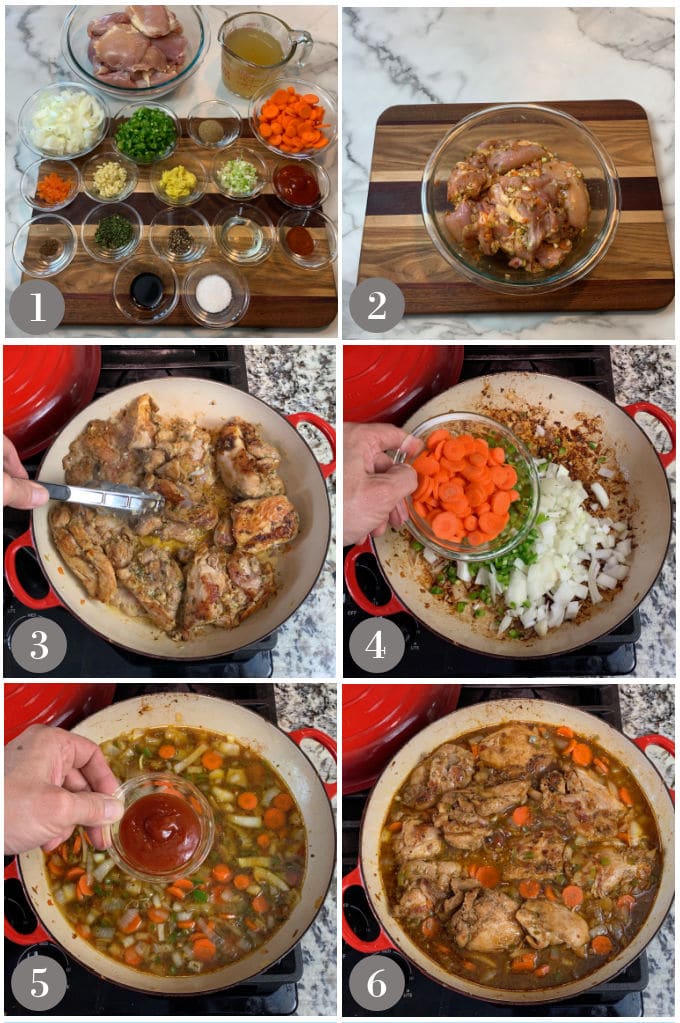A collage of photos show the steps to make Jamaican brown chicken stew in a braising pan on the stove.