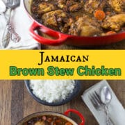 A red braising pan with Jamaican brown stew chicken and a bowl of rice.