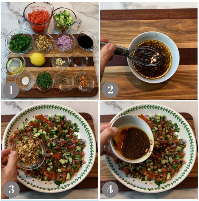 A collage of photos showing the steps to make Turkish gavurdagi salad in a large bowl.
