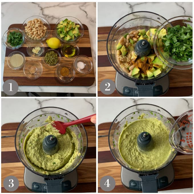 A collage of photos showing the step to make cannellini bean avocado hummus.