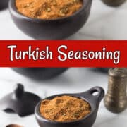 A collage of photos showing Turkish seasoning in a black bowl and text overlay.