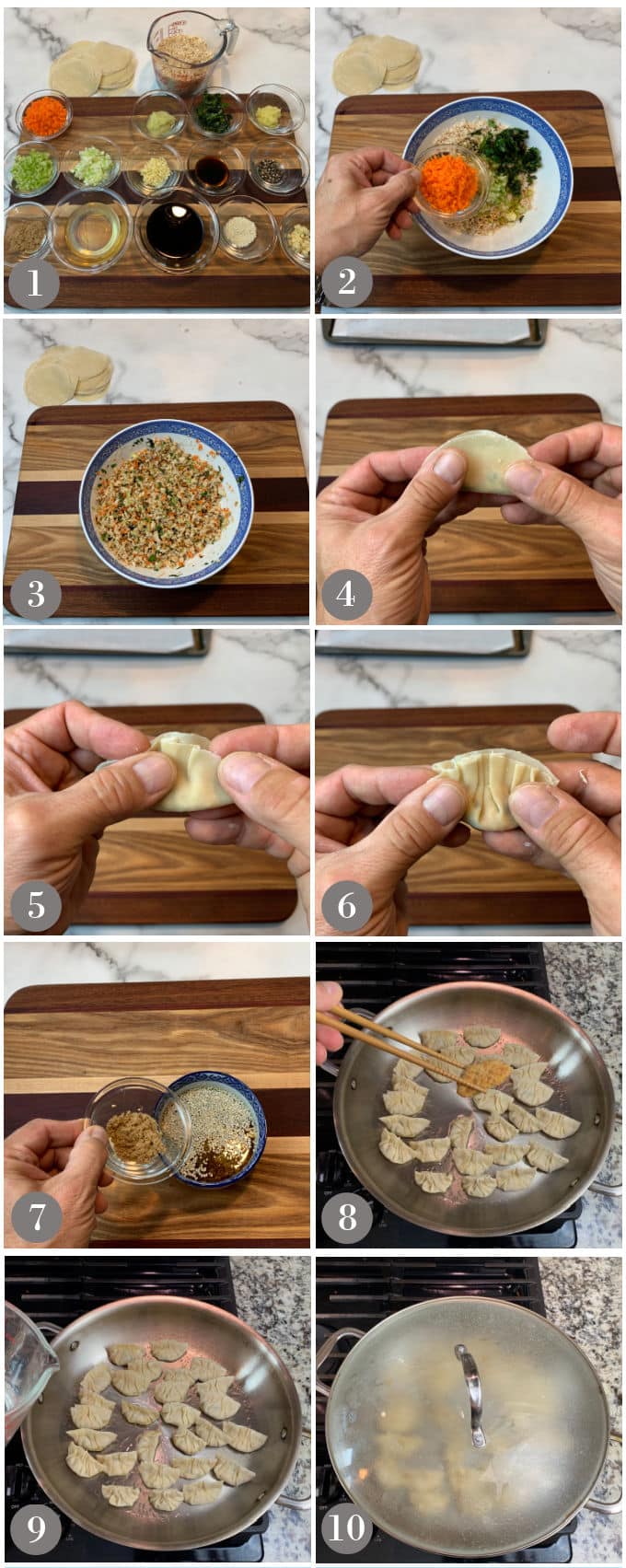 A collage of photos showing the steps to make Thai style chicken pot stickers.