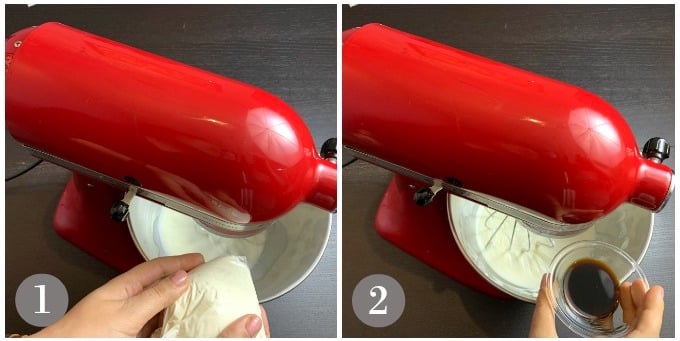 A photo showing adding ingredients to a mixing bowl to make French fruit tart cream filling.