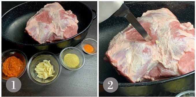 A photo showing the ingredients to make pernil and how to insert garlic with a knife.