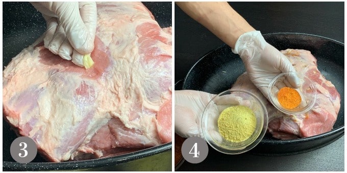 A photo showing inserting garlic slivers into a pork shoulder along with adobo and sazón.