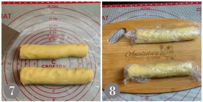 A photo showing rolling the batch of Irish butter shortbread cookies into two cylinders and wrapping in plastic.