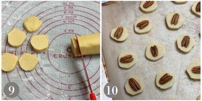 A photo showing slicing the chilled cookie dough and adding a pecan to the top.