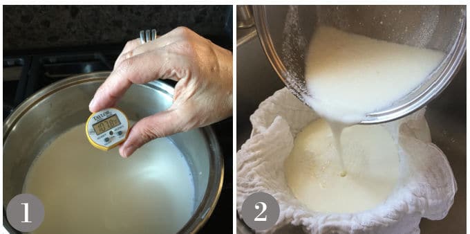A photo showing taking the temperature of the goat cheese and then pouring the curds into a cheese cloth.