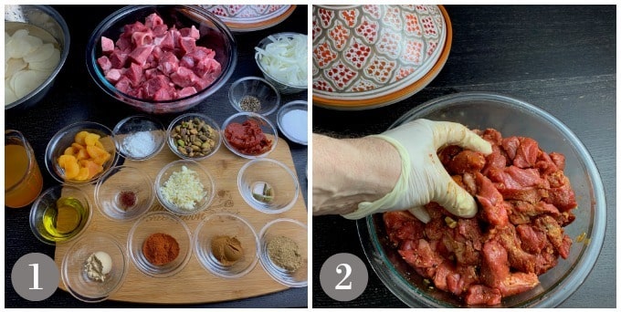 A photo showing the ingredients to make lamb tagine and marinating the meat.