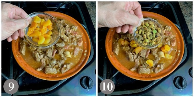 A photo showing adding dried apricots and pistachios to lamb tagine.