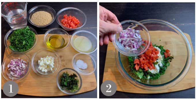 A photo showing the ingredients to make tabouleh and adding the parsley and onion to a bowl.
