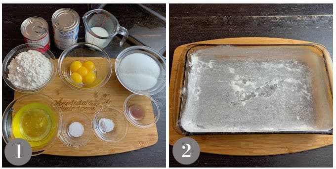 A photo showing the ingredients to make tres leches cake and a prepared cake pan.
