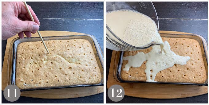 A photo showing poking the hole and pouring in the milk mixture over tres leches cake.