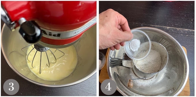 A photos showing whipping egg yolks and sugar and them mixing the dry ingredients.