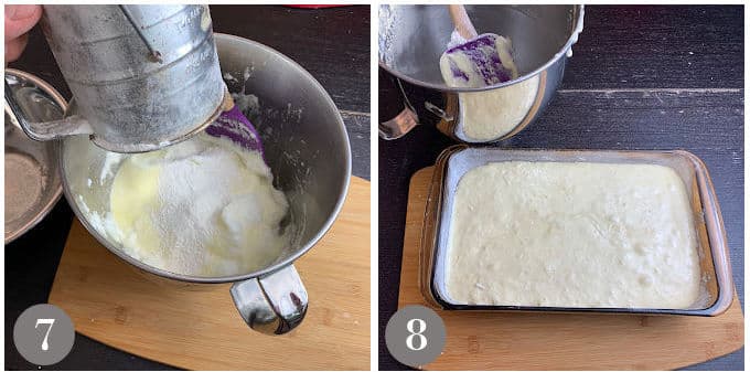 A photo showing adding the flour and pouring the batter in a pan to make tres leches cake.