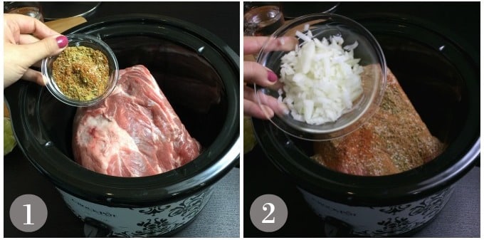 A photos showing adding a spice mixture and onions to the pork.