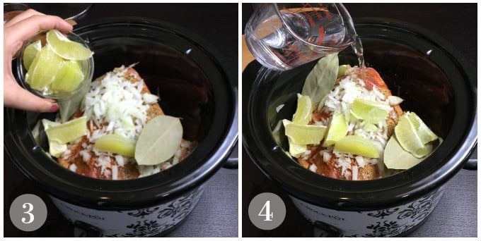 A photo showing adding limes and water to the slow cooker.