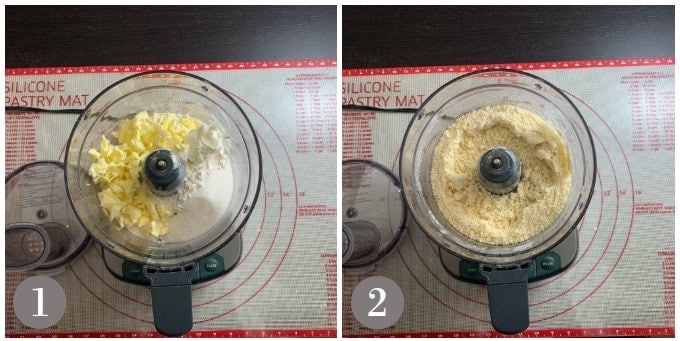 A photo showing mixing tart crust in a food processor.