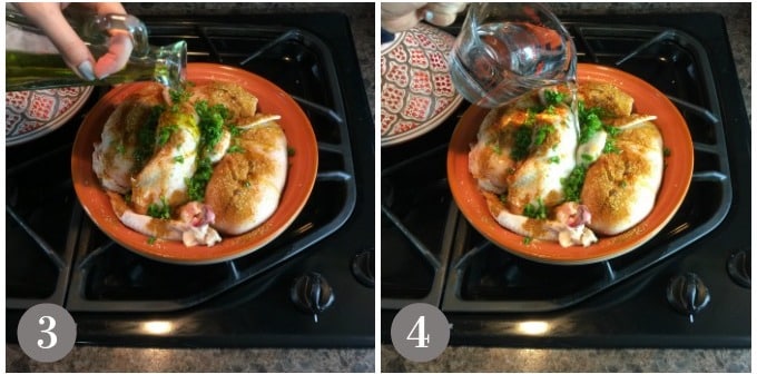 A photo of adding chicken to a tagine base.