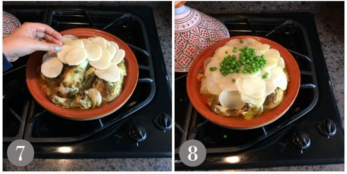 A photo of adding potato slices and peas to a tagine dish on top of chicken.