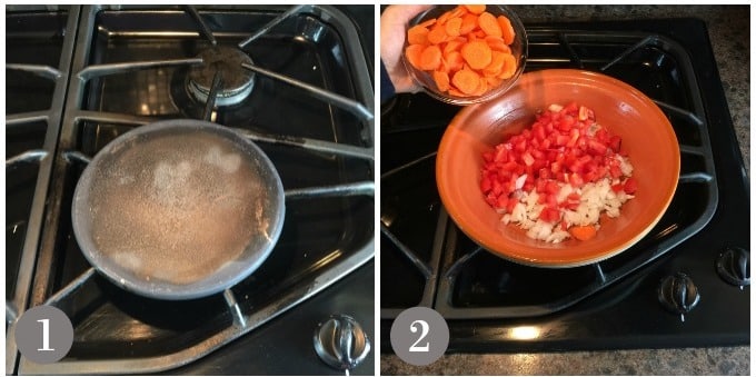 A photo of a tagine heat diffuser and adding vegetables to a tagine base.