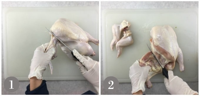 A photo showing how to cut up a whole chicken starting with the wings and legs.