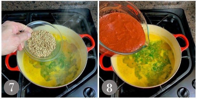 A photo showing adding lentils and crushed tomato to a pot of harira.
